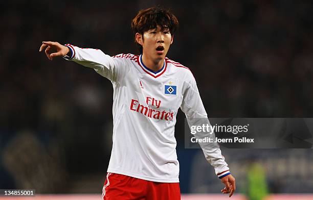 Heung-Min Son of Hamburg gestures during the Bundesliga match between Hamburger SV and 1. FC Nuernberg at Imtech Arena on December 4, 2011 in...