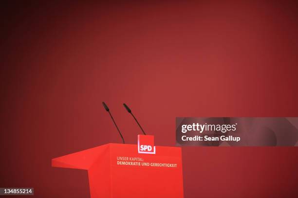 The speaker's podium stands vacant prior to the beginning of the annual federal congress of the German Social Democrats on December 4, 2011 in...