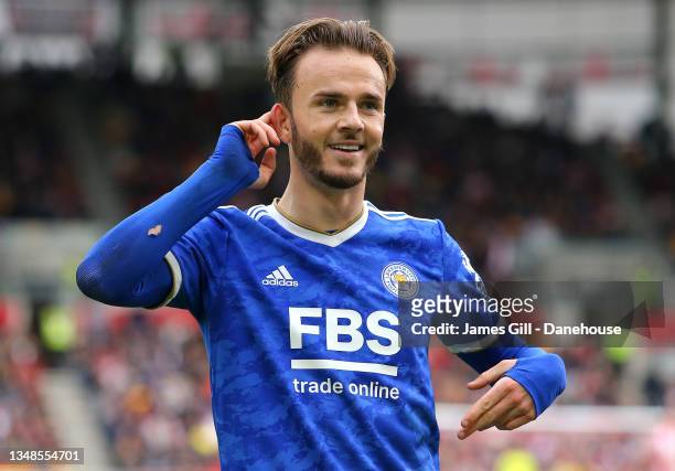 James Maddison of Leicester City celebrates scoring his teams second goal during the Premier League match between Brentford and Leicester City at...
