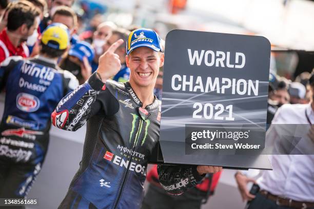 New World Champion Fabio Quartararo of France and Monster Energy Yamaha MotoGP celebrates at parc ferme during the race of the MotoGP Gran Premio...