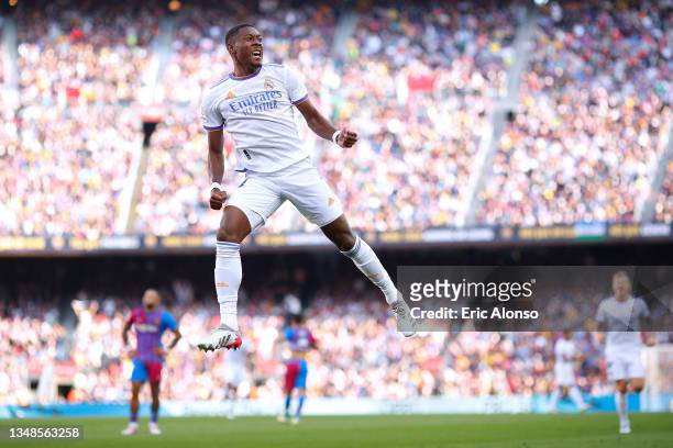 David Alaba of Real Madrid celebrates after scoring their side's first goal during the LaLiga Santander match between FC Barcelona and Real Madrid CF...