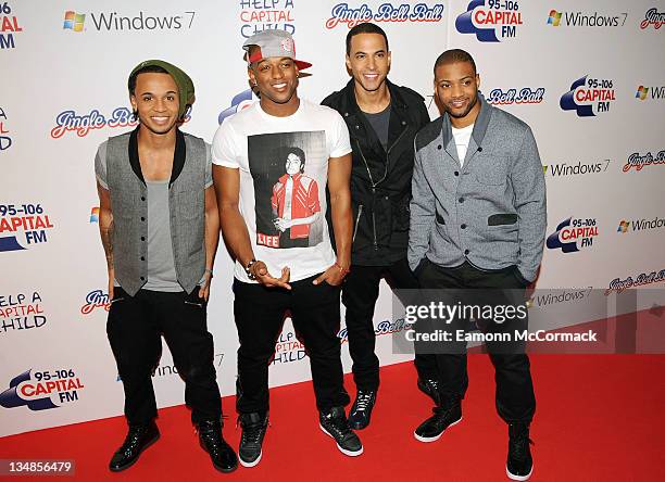 Aston Merrygold, Oritse Williams, Marvin Humes and JB Gill of boyband JLS attend day two of Jingle Bell Ball at O2 Arena on December 4, 2011 in...