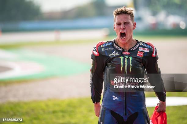 Fabio Quartararo of France and Monster Energy Yamaha MotoGP screams after he wins the World Championship after the MotoGP Gran Premio Nolan del Made...