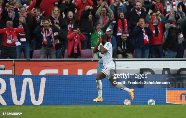Anthony Modeste of 1.FC Koeln celebrates after scoring their side's second goal during the Bundesliga match between 1. FC Köln and Bayer 04...