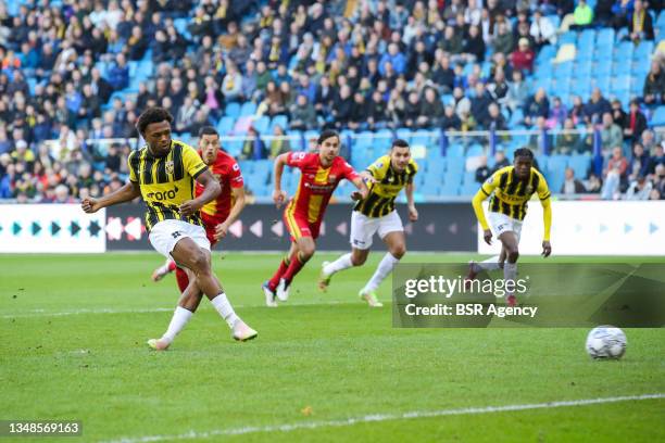 Lois Openda of Vitesse shoots to score his side's first goal from the penalty spot during the Dutch Eredivisie match between Vitesse and Go Ahead...