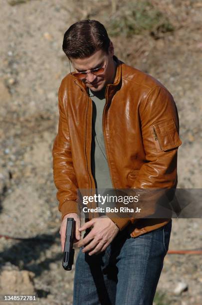 Bones" TV show actor David Boreanz gets firearm gun handling training from the show's technical advisor Mike Grasso, as they practice body and gun...