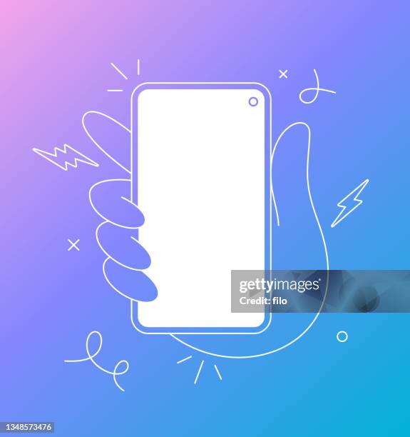 mobile phone hand line drawing modern design - holding stock illustrations