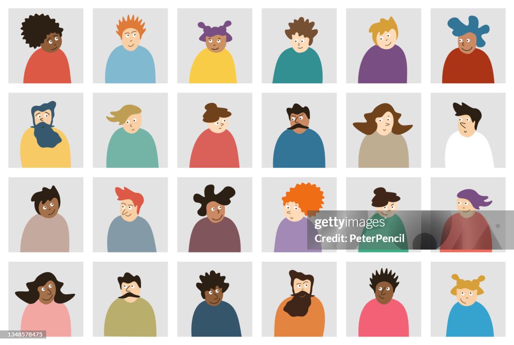 Funny Avatar People Square Icon Set - Profile Diverse Faces for Social Network - vector illustration