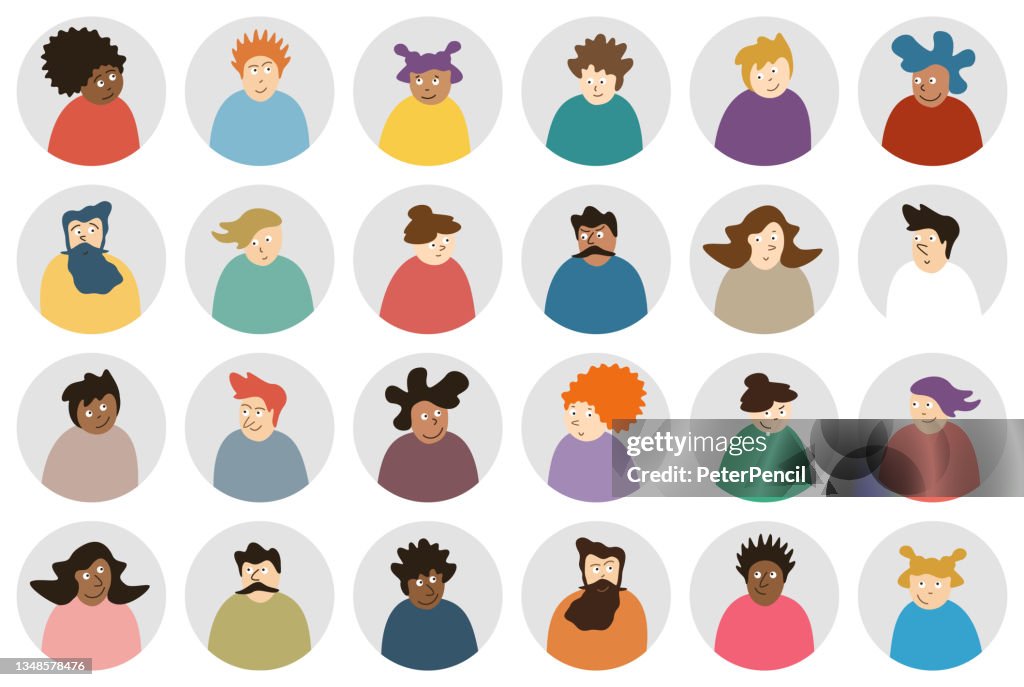 Funny Avatar People Round Icon Set - Profil Diverse Gesichter für soziale Netzwerke - Vektorillustration