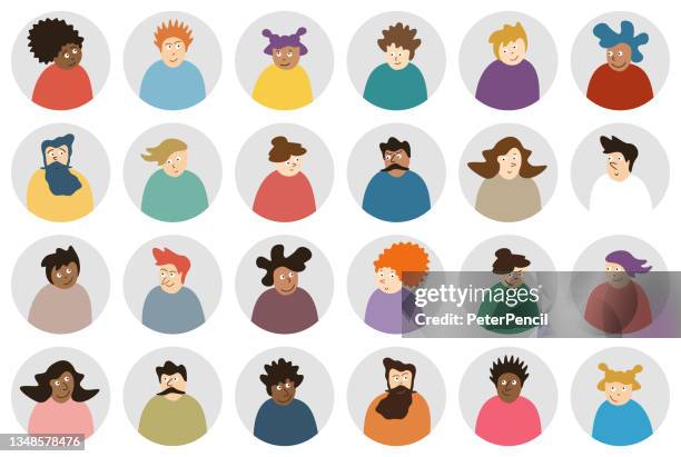 funny avatar people round icon set - profil diverse gesichter für soziale netzwerke - vektorillustration - kopf stock-grafiken, -clipart, -cartoons und -symbole