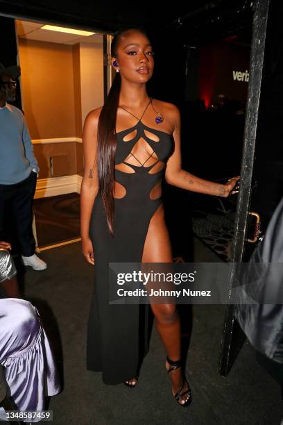 Justine Skye poses backstage during the EBONY Power 100 Awards Gala at The Beverly Hilton on October 23, 2021 in Beverly Hills, California.