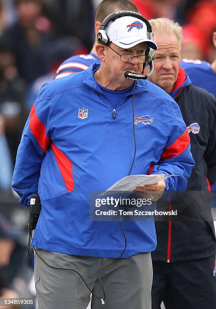 Head coach Chan Gailey of the Buffalo Bills looks on from the sideline during their NFL game against the Tennessee Titans at Ralph Wilson Stadium on...