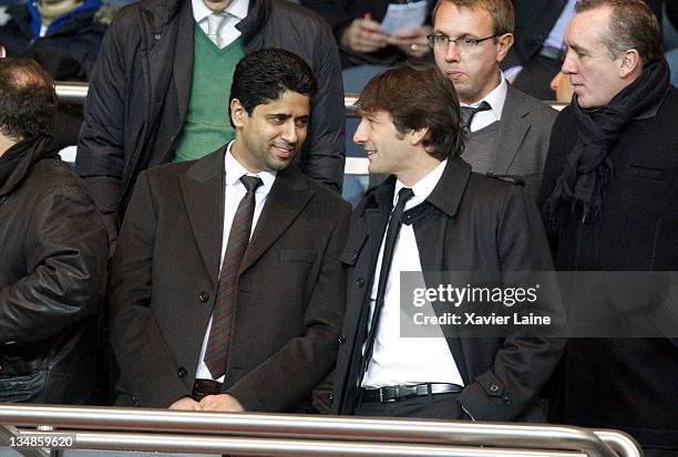 President of Paris Saint Germain Nasser El Khelaifi and Manager Leonardo Araujo of Paris Saint Germain attends the French Ligue 1 match between Paris...