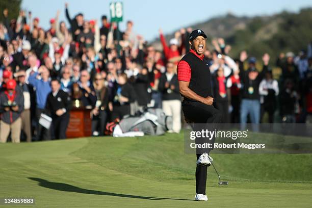 Tiger Woods celebrates after his birdie putt on the 18th hole to win the Chevron World Challenge at Sherwood Country Club on December 4, 2011 in...