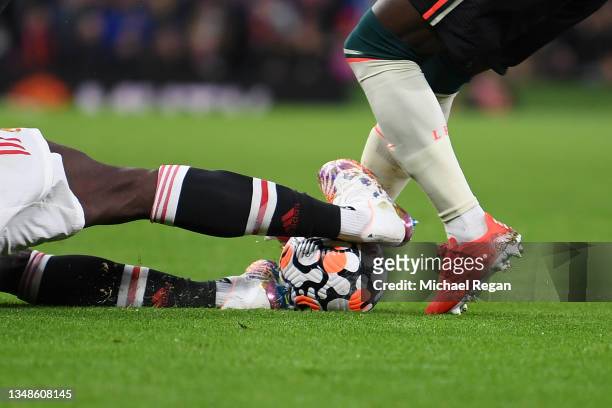 Naby Keita of Liverpool is fouled by Paul Pogba of Manchester United leading to a red card being shown following a VAR review during the Premier...