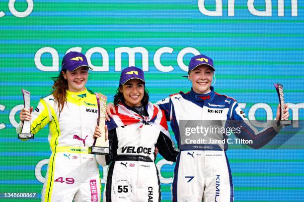 Race winner Jamie Chadwick of Great Britain and Veloce Racing , second placed Abbi Pulling of Great Britain and Puma W Series Team and third placed...