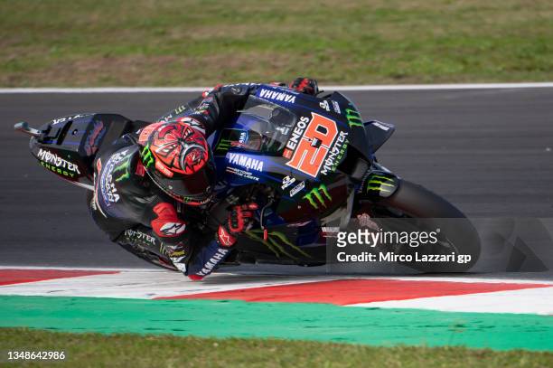 Fabio Quartararo of France and Monster Energy Yamaha MotoGP Team rounds the bend during the MotoGP race during the MotoGP of Emilia Romagna - Race at...