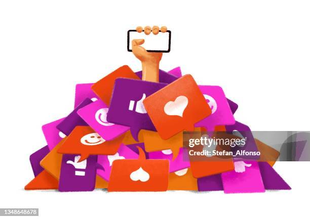 man covered in pile of likes and smiley faces - drowning stock illustrations