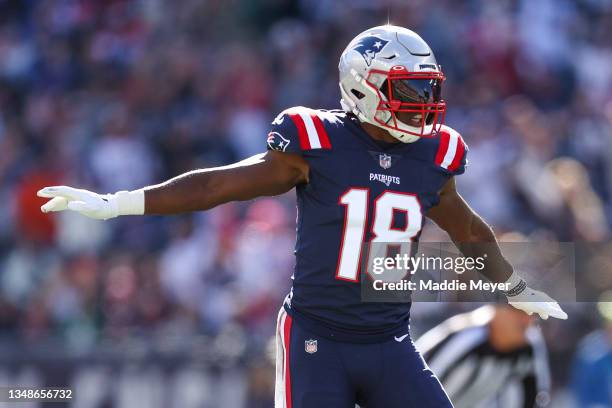 Matthew Slater of the New England Patriots celebrates after a missed field goal by the New York Jets during the first half at Gillette Stadium on...