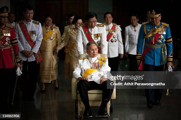 Thailand's King Bhumibol Adulyadej leaves the Siriraj Hospital to go to The Grand Palace on December 5, 2011 in Bangkok, Thailand. King Bhumibol is...