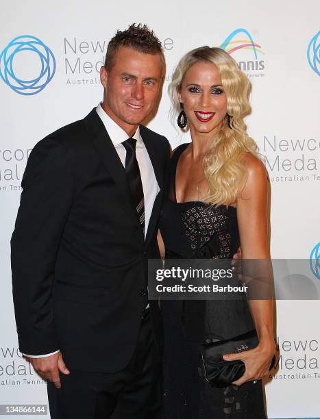 Lleyton Hewitt and his wife Bec Hewitt arrive at the 2011 Newcombe Medal at Crown Palladium on December 5, 2011 in Melbourne, Australia.