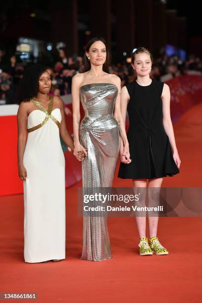 Knox Jolie-Pitt, Angelina Jolie and Shiloh Jolie-Pitt attend the red carpet of the movie "Eternals" during the 16th Rome Film Fest 2021 on October...