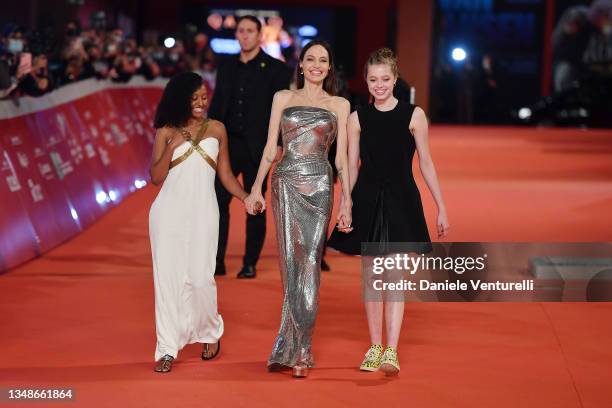 Knox Jolie-Pitt, Angelina Jolie and Shiloh Jolie-Pitt attend the red carpet of the movie "Eternals" during the 16th Rome Film Fest 2021 on October...