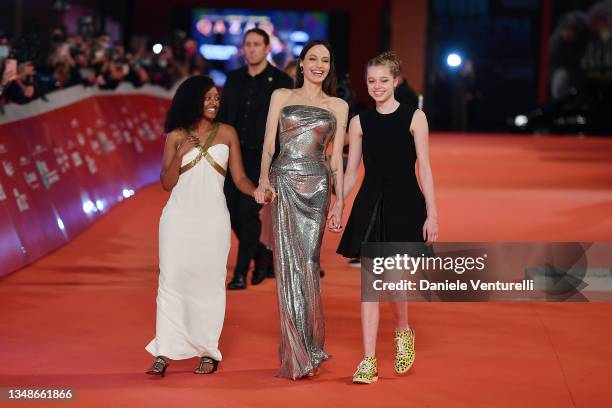 Knox Jolie-Pitt, Angelina Jolie and Shiloh Jolie-Pitt attend the red carpet of the movie "Eternals" during the 16th Rome Film Fest 2021 on October...