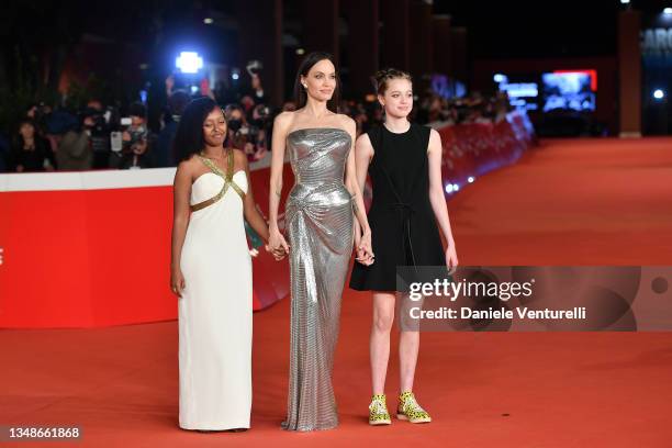 Knox Jolie-Pitt, Angelina Jolie and Shiloh Jolie-Pitt attend the red carpet of the movie "Eternals" during the 16th Rome Film Fest 2021 on October...