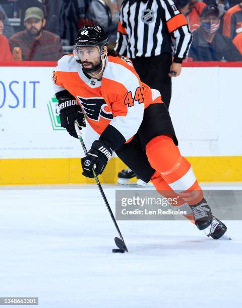 Nate Thompson of the Philadelphia Flyers skates the puck against the Seattle Kraken at the Wells Fargo Center on October 18, 2021 in Philadelphia,...