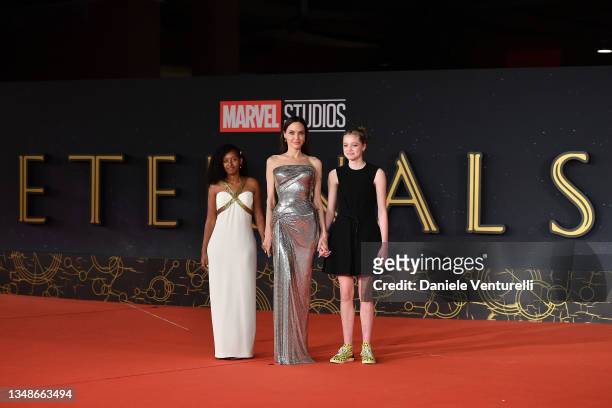 Knox Jolie-Pitt, Angelina Jolie and Shiloh Jolie-Pitt attend the red carpet of the movie "Eternals" during the 16th Rome Film Fest 2021 on October...