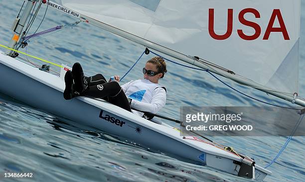 Catherine Shanahan of the US waits for a start due to lack of wind in the women's laser radial event at the ISAF World Sailing Championships off...