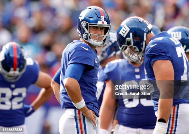 Daniel Jones of the New York Giants reacts during the first half in the game against the Carolina Panthers at MetLife Stadium on October 24, 2021 in...