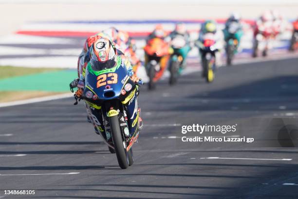 Niccolo Antonelli of Italy and Reale Avintia Moto3 leads the field during the Moto3 race during the MotoGP of Emilia Romagna - Race at Misano World...