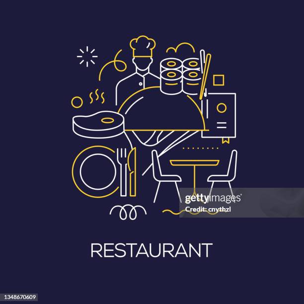 vektor-set der illustration restaurant-konzept. line art style hintergrunddesign für webseite, banner, poster, print etc. vektor-illustration. - sushi koch stock-grafiken, -clipart, -cartoons und -symbole