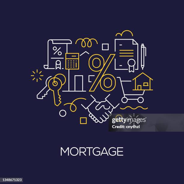 stockillustraties, clipart, cartoons en iconen met vector set of illustration mortgage concept. line art style background design for web page, banner, poster, print etc. vector illustration. - hypotheek