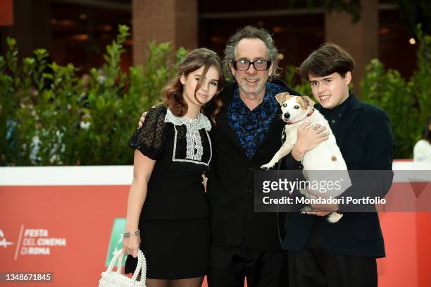 Director Tim Burton and his sons Nell Burton, Billy-Ray Burton at the Close Encounter red carpet during the Rome Film Fest 2021 on October 23, 2021...