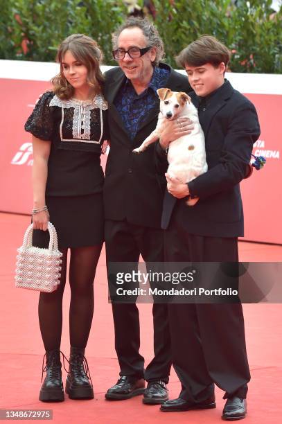 Director Tim Burton and his sons Nell Burton, Billy-Ray Burton at the Close Encounter red carpet during the Rome Film Fest 2021 on October 23, 2021...