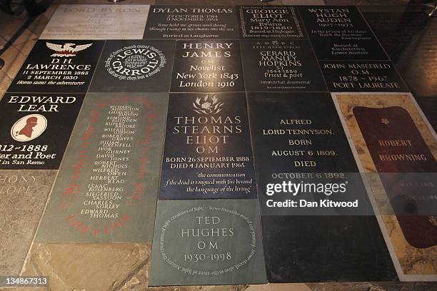 View of a new memorial to Poet Laureate Ted Hughes in Poets' Corner inside Westminster Abbey on December 2, 2011 in London, England. The Welsh slate...