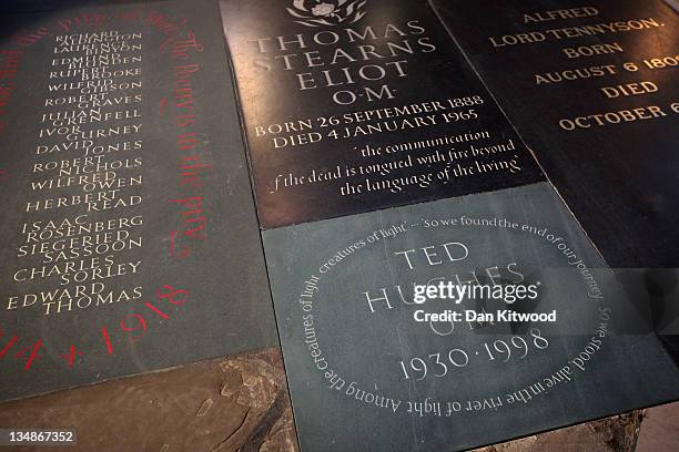 View of a new memorial to Poet Laureate Ted Hughes in Poets' Corner inside Westminster Abbey on December 2, 2011 in London, England. The Welsh slate...