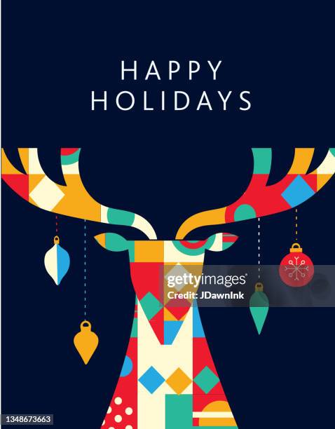 happy holidays grußkarte flache designvorlage mit geometrischen hirschformen und einfachen symbolen - weihnachtskugel stock-grafiken, -clipart, -cartoons und -symbole
