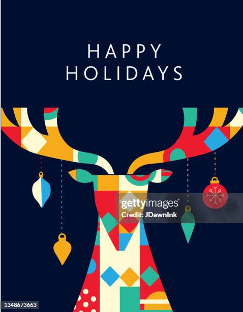 happy holidays greeting card flat design template with deer geometric shapes and simple icons - christmas bauble stock illustrations