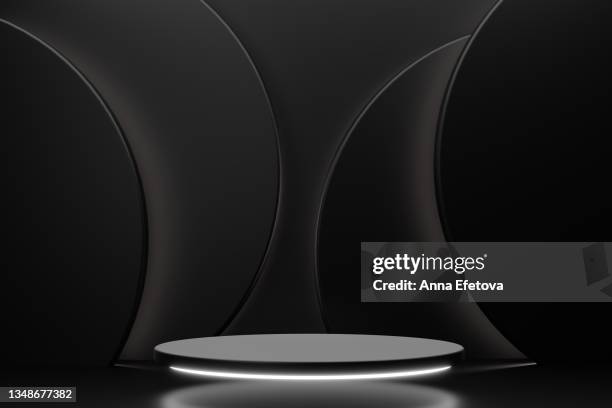 luxury round black podium with white backlighting on abstract black background with many black circles. perfect platform for showing your products. three dimensional illustration - imagen estereoscópica fotografías e imágenes de stock