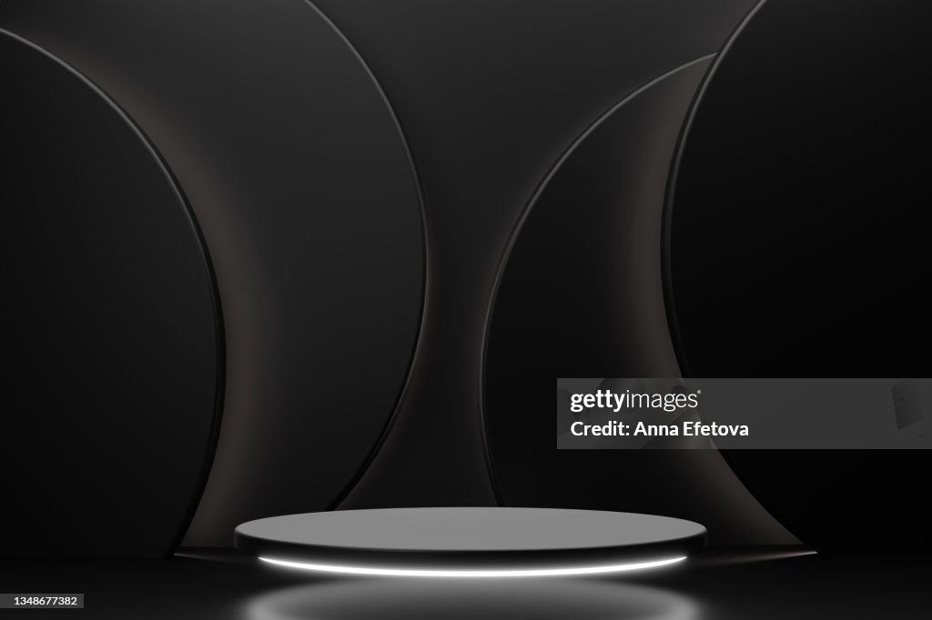 Luxury round black podium with white backlighting on abstract black background with many black circles. Perfect platform for showing your products. Three dimensional illustration