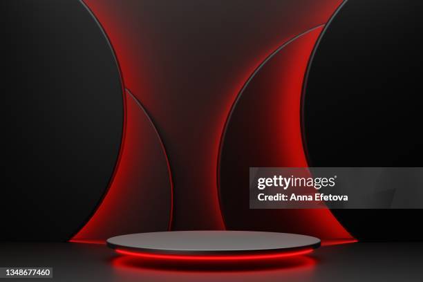 luxury round black podium with red backlighting on abstract black background with many black circles also with red backlighting. perfect platform for showing your products. three dimensional illustration - plataformas de formação imagens e fotografias de stock