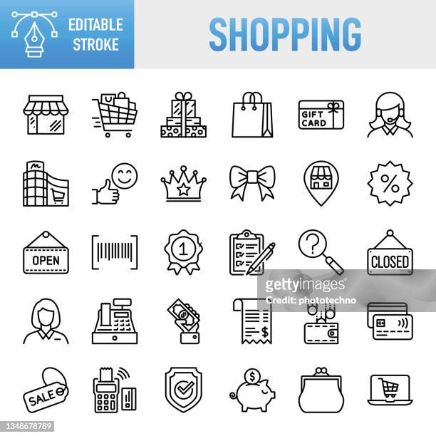 shopping - thin line vector icon set. pixel perfect. editable stroke. for mobile and web. the set contains icons: shopping, store, shopping mall, shopping cart, shopping bag, sale, retail, buying, supermarket, market - retail space, open, shopping list - shopping stock illustrations