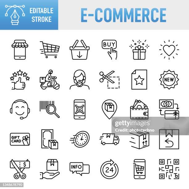 ilustrações, clipart, desenhos animados e ícones de e-commerce - conjunto de ícones vetoriais de linha fina. pixel perfeito. golpe editável. para mobile e web. o conjunto contém ícones: e-commerce, compras online, compras, entrega, frete grátis, loja, internet, lista de desejos, carrinho de compras, sa - dar