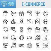 E-Commerce - Thin line vector icon set. Pixel perfect. Editable stroke. For Mobile and Web. The set contains icons: E-commerce, Online Shopping, Shopping, Delivering, Free Shipping, Store, Internet, Wish List, Shopping Cart, Shopping Bag, Supermarket
