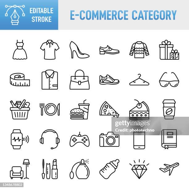 ilustraciones, imágenes clip art, dibujos animados e iconos de stock de categoría de comercio electrónico: conjunto de iconos vectoriales de línea delgada. píxel perfecto. trazo editable. para móvil y web. el conjunto contiene iconos: e-commerce, compras online, compras, entrega, tienda, moda, ropa, joyería, comida, comi - grupo de iconos