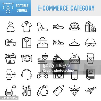 E-Commerce Category - Thin line vector icon set. Pixel perfect. Editable stroke. For Mobile and Web. The set contains icons: E-commerce, Online Shopping, Shopping, Delivering, Store, Fashion, Clothing, Jewelry, Food, Fast Food, Supermarket, Electronic E-Commerce Category - Thin line vector icon set. Pixel perfect. Editable stroke. For Mobile and Web. The set contains icons: E-commerce, Online Shopping, Shopping, Delivering, Store, Fashion, Clothing, Jewelry, Food, Fast Food, Supermarket, Electronic